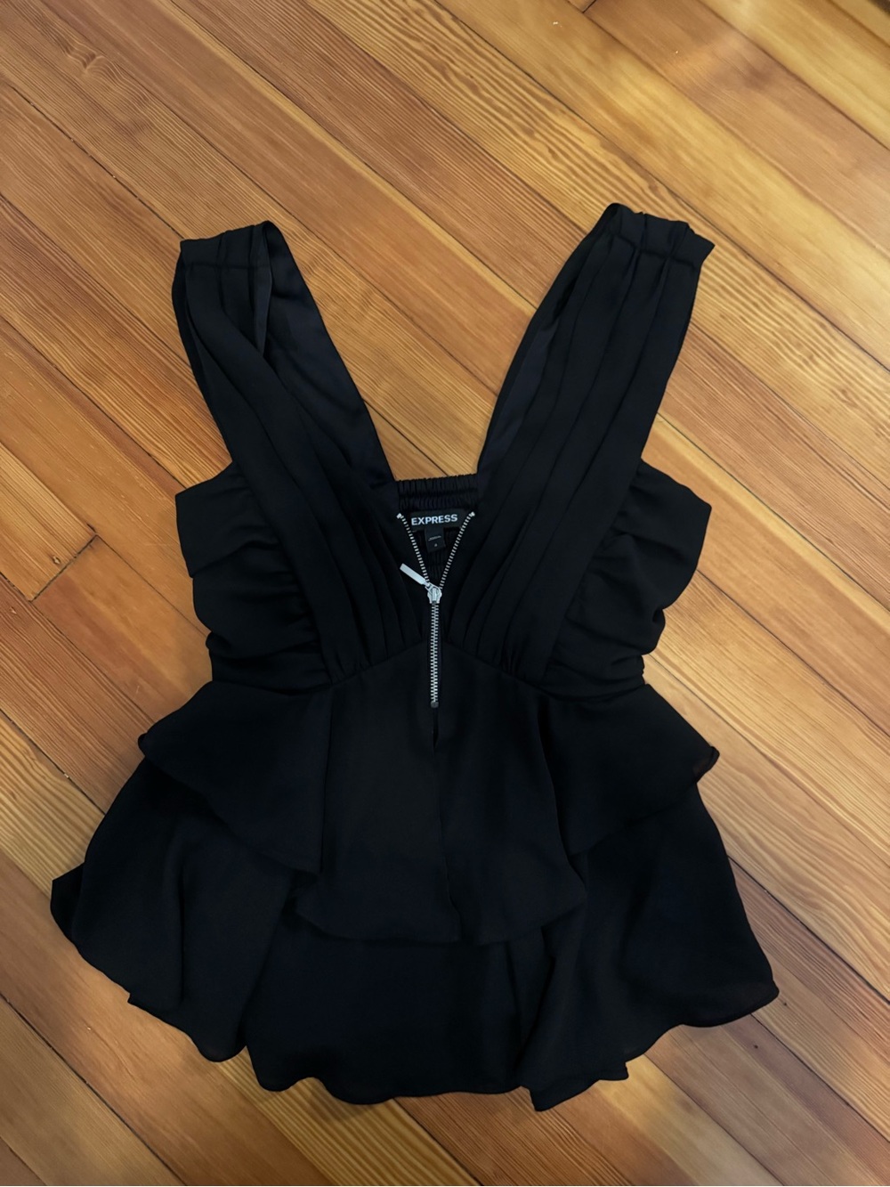 Express Black Ruffled V-Neck Peplum Camisole with Front Zip